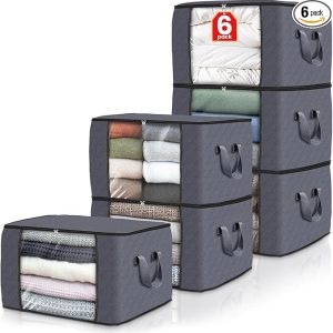Fab totes 6 Pack Clothes Storage, Foldable Thik Fabric Blanket Storage Bags, Storage Containers for Organizing Bedroom, Closet, Clothing, Comforter, Organization and Storage with Lids and Handle, Grey