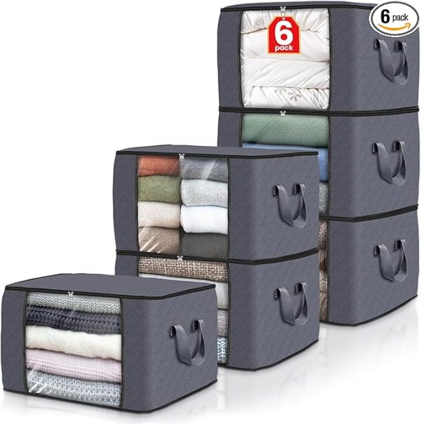 Fab totes 6 Pack Clothes Storage, Foldable Thik Fabric Blanket Storage Bags, Storage Containers for Organizing Bedroom, Closet, Clothing, Comforter, Organization and Storage with Lids and Handle, Grey