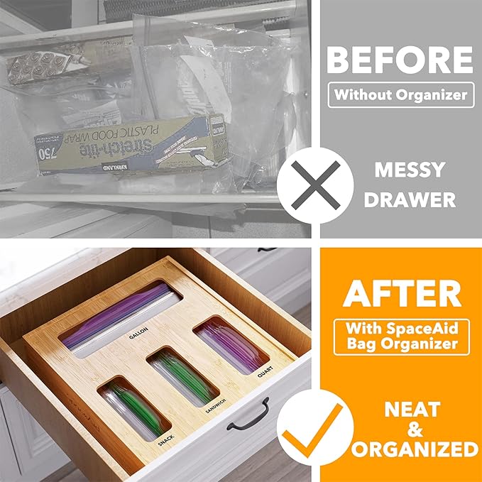 SpaceAid Bag Storage Organizer for Kitchen Drawer, Bamboo Organizer, Compatible with Gallon, Quart, Sandwich and Snack Variety Size Bag (1 Box 4 Slots) - Image 6