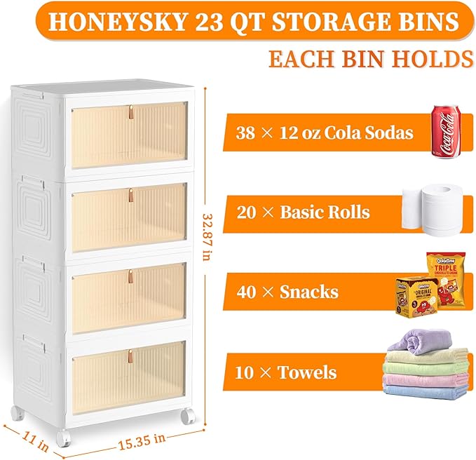 4 Tier Plastic Storage Bins 23QT, Stackable Storage Containers with Wheels and Lids, Folding Storage Boxes,Closet Organizers and Storage,Collapsible Organization and Storage for Bedroom,Kitchen,Dorm - Image 3