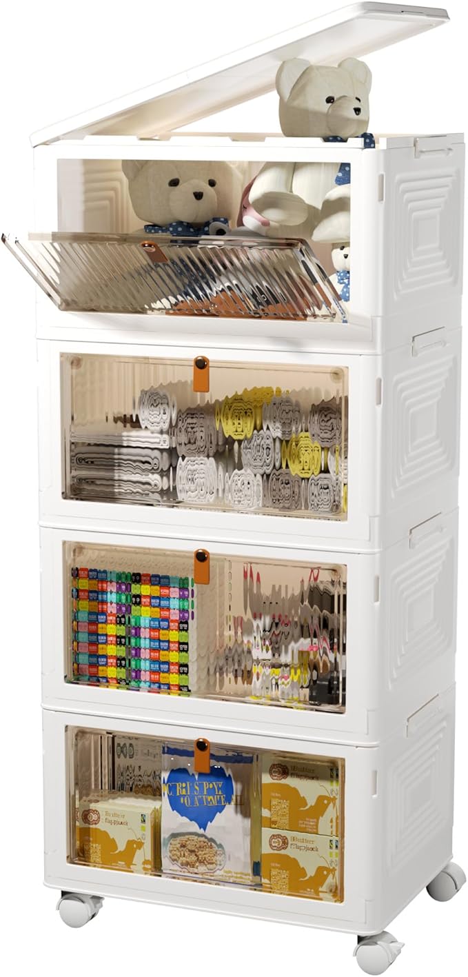 4 Tier Stackable Storage Bins with Lids, 23Qt Plastic Storage Containers with Magnetic Doors & Wheels, Collapsible Storage Bins Closet Organizers, Foldable Organization for Home, Party, Office, Dorm - Image 5