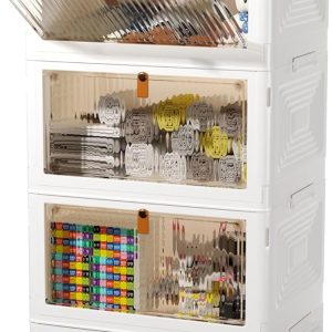 4 Tier Stackable Storage Bins with Lids, 23Qt Plastic Storage Containers with Magnetic Doors & Wheels, Collapsible Storage Bins Closet Organizers, Foldable Organization for Home, Party, Office, Dorm