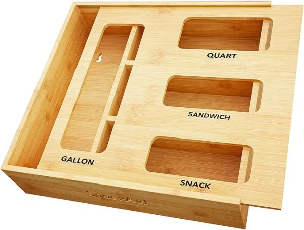 SpaceAid Bag Storage Organizer for Kitchen Drawer, Bamboo Organizer, Compatible with Gallon, Quart, Sandwich and Snack Variety Size Bag (1 Box 4 Slots)