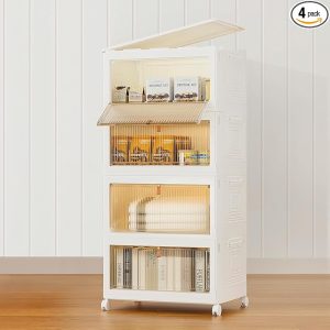 4 Tier Plastic Storage Bins 23QT, Stackable Storage Containers with Wheels and Lids, Folding Storage Boxes,Closet Organizers and Storage,Collapsible Organization and Storage for Bedroom,Kitchen,Dorm