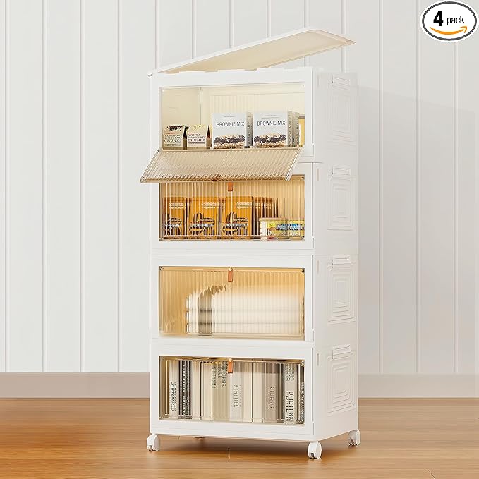 4 Tier Plastic Storage Bins 23QT, Stackable Storage Containers with Wheels and Lids, Folding Storage Boxes,Closet Organizers and Storage,Collapsible Organization and Storage for Bedroom,Kitchen,Dorm