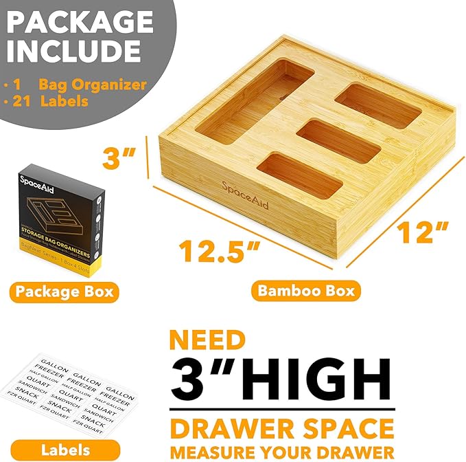 SpaceAid Bag Storage Organizer for Kitchen Drawer, Bamboo Organizer, Compatible with Gallon, Quart, Sandwich and Snack Variety Size Bag (1 Box 4 Slots) - Image 3
