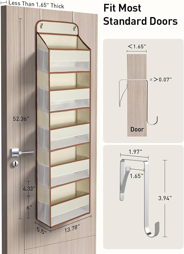Yecaye 1 Pc 5 Tier Over the Door Organizer with 15 Pockets | 44lb Load Over the Door Storage | No Sagging Closet Organizers and Storage | Versatile Nursery Hanging Organizers for Home Dorm - Beige - Image 5