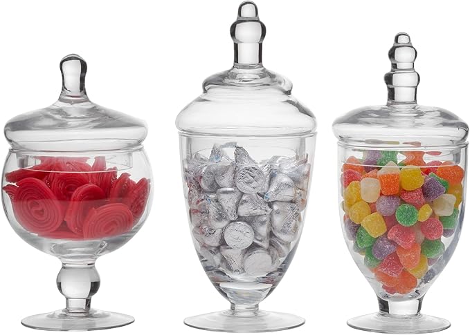 Elements Glass Apothecary Jars, Set Of 3, Clear, Wedding Decor, Candy Buffet, Bathroom Storage, Table Centerpiece
