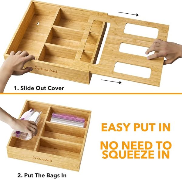 SpaceAid Bag Storage Organizer for Kitchen Drawer, Bamboo Organizer, Compatible with Gallon, Quart, Sandwich and Snack Variety Size Bag (1 Box 4 Slots) - Image 4