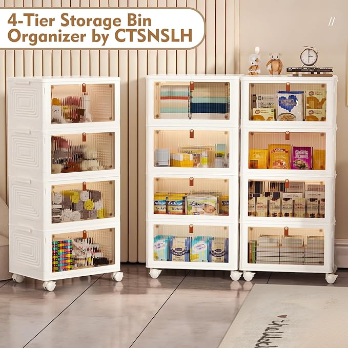 4 Tier Stackable Storage Bins with Lids, 23Qt Plastic Storage Containers with Magnetic Doors & Wheels, Collapsible Storage Bins Closet Organizers, Foldable Organization for Home, Party, Office, Dorm - Image 2
