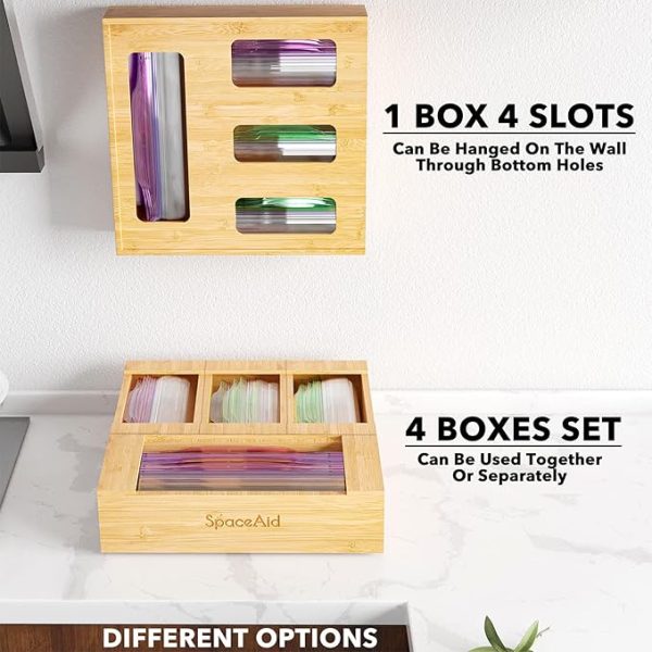 SpaceAid Bag Storage Organizer for Kitchen Drawer, Bamboo Organizer, Compatible with Gallon, Quart, Sandwich and Snack Variety Size Bag (1 Box 4 Slots) - Image 2
