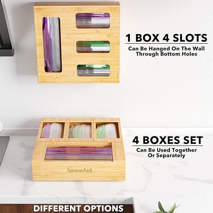 SpaceAid Bag Storage Organizer for Kitchen Drawer, Bamboo Organizer, Compatible with Gallon, Quart, Sandwich and Snack Variety Size Bag (1 Box 4 Slots) - Image 2