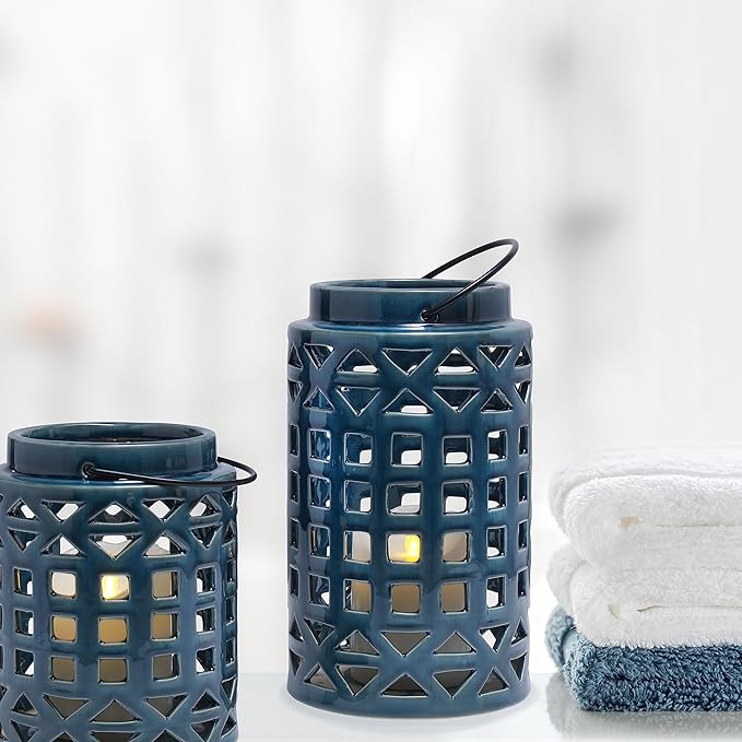 Elements Decorative Ceramic Cut Out Lanterns, Blue, Set of 2, 7 and 10 Inch - Image 3