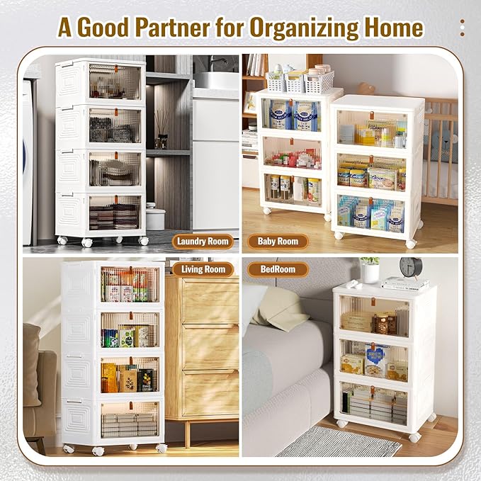 4 Tier Stackable Storage Bins with Lids, 23Qt Plastic Storage Containers with Magnetic Doors & Wheels, Collapsible Storage Bins Closet Organizers, Foldable Organization for Home, Party, Office, Dorm - Image 3