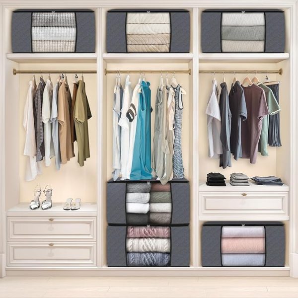 Fab totes 6 Pack Clothes Storage, Foldable Thik Fabric Blanket Storage Bags, Storage Containers for Organizing Bedroom, Closet, Clothing, Comforter, Organization and Storage with Lids and Handle, Grey - Image 2