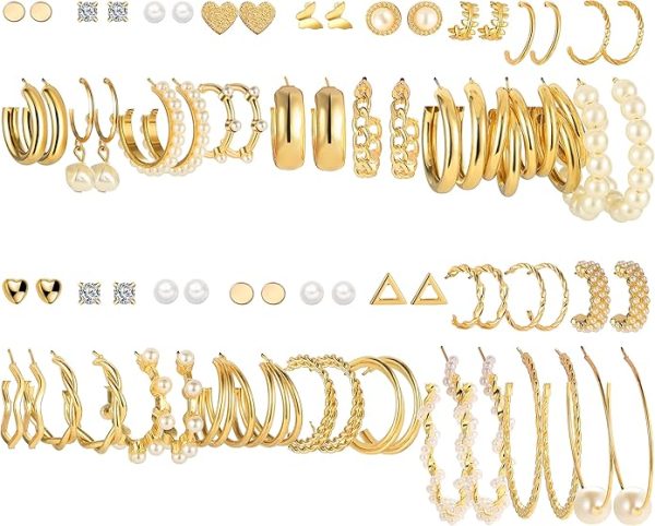 FAXHION 36 Pairs Gold Earrings Set for Women, Fashion Pearl Chain Link Stud Drop Dangle Earrings Multipack Hoop Earring Packs, Hypoallergenic Earrings for Birthday Party Jewelry - Image 5