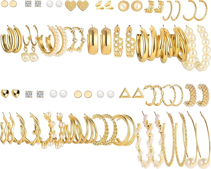 FAXHION 36 Pairs Gold Earrings Set for Women, Fashion Pearl Chain Link Stud Drop Dangle Earrings Multipack Hoop Earring Packs, Hypoallergenic Earrings for Birthday Party Jewelry - Image 5