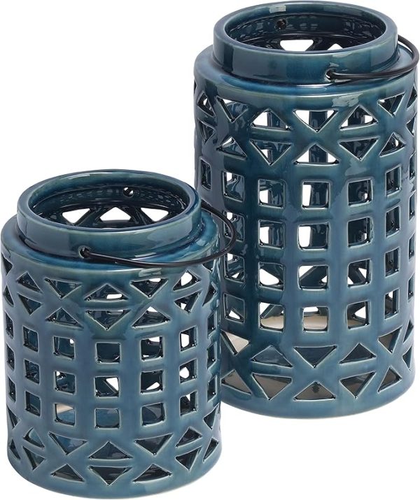 Elements Decorative Ceramic Cut Out Lanterns, Blue, Set of 2, 7 and 10 Inch - Image 4