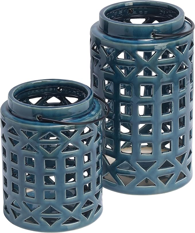 Elements Decorative Ceramic Cut Out Lanterns, Blue, Set of 2, 7 and 10 Inch - Image 4
