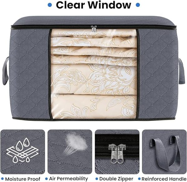 Fab totes 6 Pack Clothes Storage, Foldable Thik Fabric Blanket Storage Bags, Storage Containers for Organizing Bedroom, Closet, Clothing, Comforter, Organization and Storage with Lids and Handle, Grey - Image 3